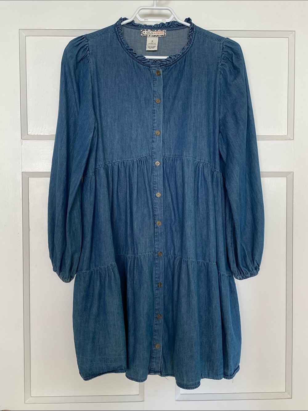 Flying Tomato Denim Button-Front Tiered Dress